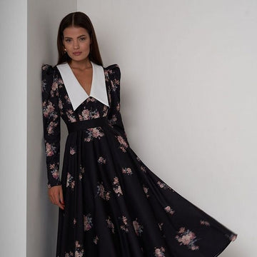 French Doll-Necked Flower-Print Court Feast Dress